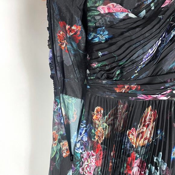 Marchesa One-Shoulder Gown Pleated Floral Chiffon Black Dress Side Slit Sz 6 - Picture 11 of 11